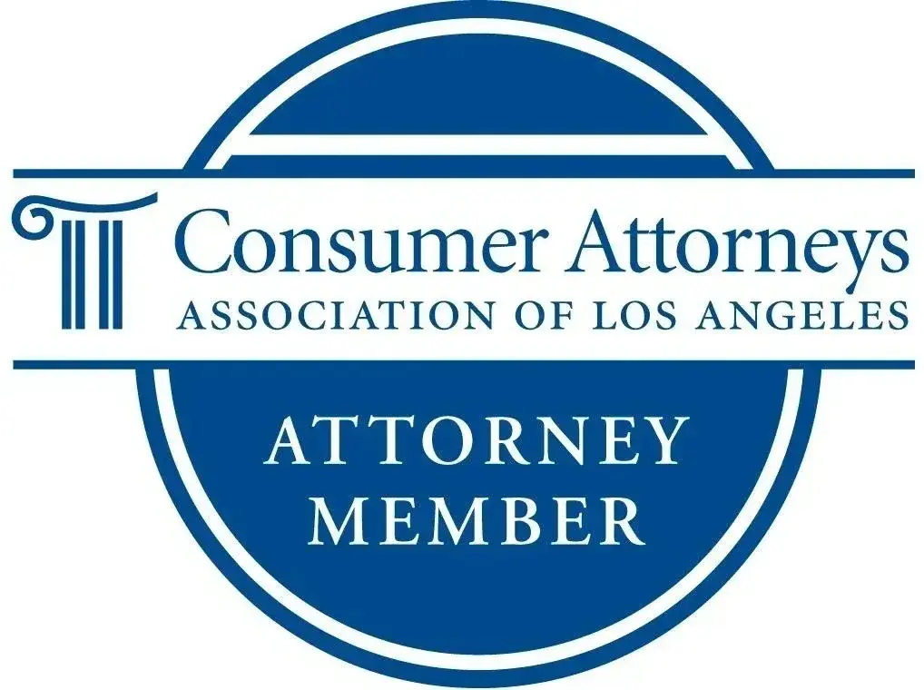 A blue circle with the words " consumer attorneys association of los angeles attorney member ".